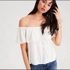 American Eagle Soft & Sexy Slub Off the Shoulder White Ruffle Prairie